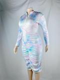 EVE Plus Size Tie Dye Print Long Sleeve Ruched Bodycon Dress WUM-22811