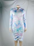 EVE Plus Size Tie Dye Print Long Sleeve Ruched Bodycon Dress WUM-22811