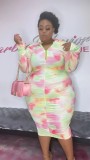 EVE Plus Size Tie Dye Print Long Sleeve Ruched Bodycon Dress WUM-22811