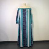 EVE Plus Size Contrast Color Off-Shoulder Print Maxi Dress GWDS-211115