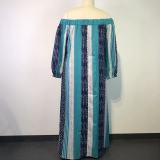 EVE Plus Size Contrast Color Off-Shoulder Print Maxi Dress GWDS-211115