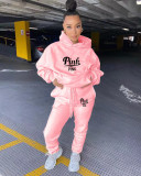 EVE Pink Letter Print Fleeced Hoodie Two Piece Pants Sets OUQF-394