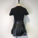 EVE Print Hollow Tie Up Short Sleeve PU Leather Short Skirt Set GWDS-220322