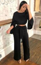 EVE Solid Color Casual Long Sleeve Wide Leg Pants 2 Piece Set GMFF-T370