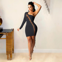 EVE Black Sexy Lace-Up One Shoulder Mini Dress BYMF-60827