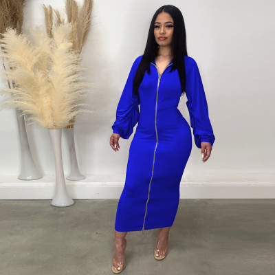 EVE Solid Long Sleeve Zipper Maxi Dress TE-4466