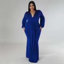 EVE Plus Size Solid V Neck Long Sleeve Maxi Evening Dress NNWF-7662