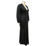 EVE Plus Size Solid V Neck Long Sleeve Maxi Evening Dress NNWF-7662
