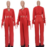EVE Solid V Neck Long Sleeve Two Piece Pants Sets YD-8647