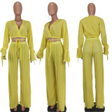 EVE Solid V Neck Long Sleeve Two Piece Pants Sets YD-8647
