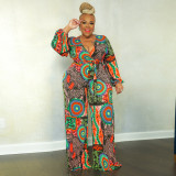 Plus Size Printed V Neck Long Sleeve Jumpsuit OSIF-22532