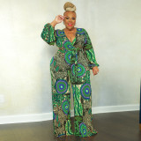 Plus Size Printed V Neck Long Sleeve Jumpsuit OSIF-22532