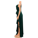 EVE Sexy Ruffled V Neck Spaghetti Strap Split Evening Dress GOSD-6799