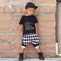 EVE Kids Letter Print Short Sleeve Plaid Shorts Two Piece Set GYMF-YM009