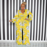 EVE Plus Size Fashion Print V-Neck Jumpsuit With Belt OSIF-22528