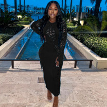 EVE Solid Slim Long Sleeve Ripped Dress ME-8195