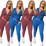 EVE Solid Hooded Zipper Two Piece Pants Sets NYMF-283