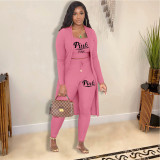 EVE Plus Size Pink Letter Print Cami Top+Long Cloak+Pants 3 Piece Sets JRF-3710
