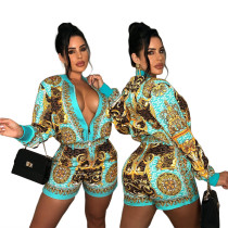 EVE Casual Print Zip Long Sleeve Shorts Two Piece Set GYSF-7142