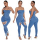 EVE Casual Ripped Hole Zipper Tube Top Slim Denim Jumpsuit LX-6948