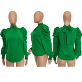 EVE Green Stand Collar Puff Sleeve Bow Tie Top BGN-231