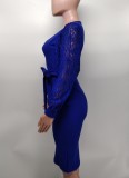EVE Sexy Lace Patchwork Lantern Sleeve Sashes Midi Dress XMY-9390