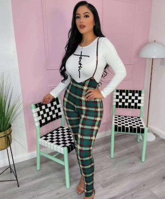 EVE Letter Print Top And Plaid Straps Pants Two Piece Sets ORY-5210-1