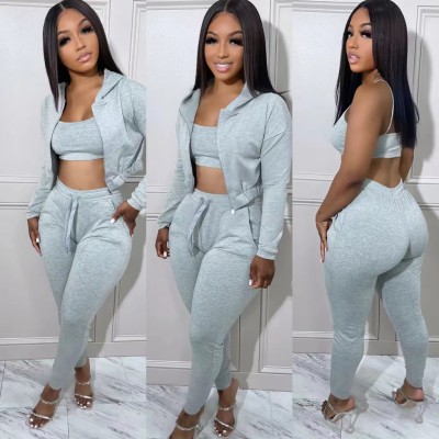 EVE Casual Sports Camisole Hooded Coat And Pants 3 Piece Set TK-6257