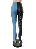 EVE Fashion Denim PU Leather Splice Pants MEM-88460
