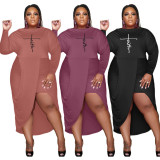 EVE Plus Size Print Solid Color Long Sleeve Midi Dress XMF-163