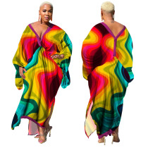 EVE Plus Size V-neck Long Sleeve Print Maxi Dress YF-10248