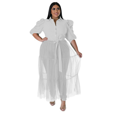 EVE Plus Size Solid Shirts Mesh Splice Perspective Maxi Dress NNWF-7681