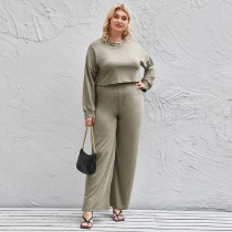 EVE Plus Size Solid Long Sleeve Pullover Top Wide Leg Pants Set ONY-P2151