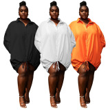 EVE Plus Size Solid Color Long Sleeve Loose Drawstring Shirt Dress NNWF-7680