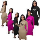 EVE Pink Letter Print Long Sleeve Backless Ruffle Midi Dress XMF-165