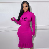 EVE Pink Letter Print Long Sleeve Backless Ruffle Midi Dress XMF-165