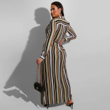 EVE Plus Size Striped Print Lapel Cardigan Dress With Waist Belt OSIF-22469