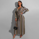 EVE Plus Size Striped Print Lapel Cardigan Dress With Waist Belt OSIF-22469