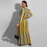 EVE Plus Size Striped Print Lapel Cardigan Dress With Waist Belt OSIF-22469