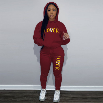 EVE Plus Size Letter Print Hooded Sweatshirt Two Piece Pant Set GCNF-8999L6