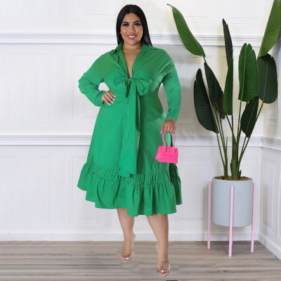 EVE Plus Size Solid Bow Tie Loose Ruffles Casual Dress NNWF-7679