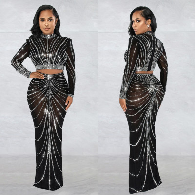 EVE Sexy Mesh See Through Hot Drilling Long Sleeve Long Skirts Suits GFYX-6028