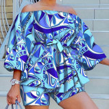 EVE Plus Size Print One Shoulder Loose Top And Short Two Piece Set NY-10306