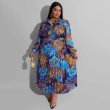 EVE Plus Size Casual Print Top And Ruched Big Swing Skirt Suits OSIF-22516