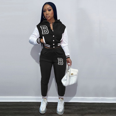 EVE Letter B Print Baseball Hooded Sweatshirt And Pant Suits FOSF-8318