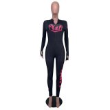 EVE PINK Letter Print Long Sleeve Tight Jumpsuit FST-8050