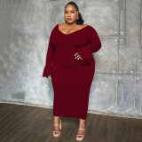 EVE Plus Size Fahion Solid Color Flare Sleeve Long Dress NNWF-7716