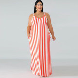 EVE Plus Size Striped Loose Sling Maxi Dress With Belt OSIF-19258