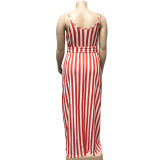 EVE Plus Size Striped Loose Sling Maxi Dress With Belt OSIF-19258