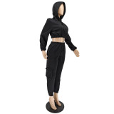 EVE Solid Hooded Crop Top And Pant 2 Piece Set NLAF-60122